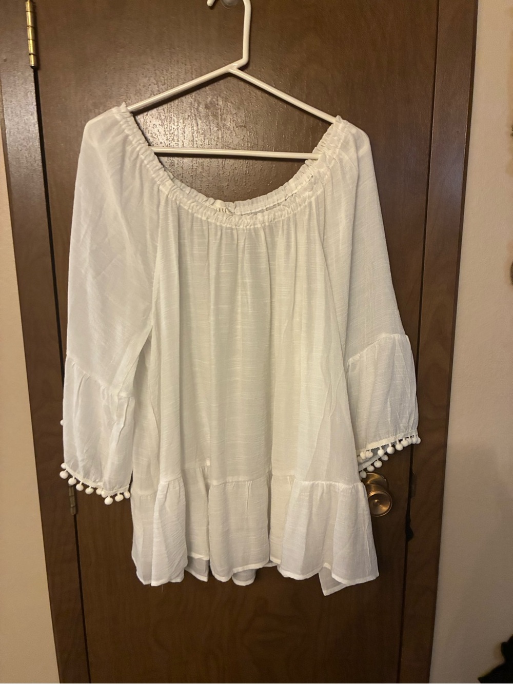 Spense White Off-Shoulder Pom-Pom Trim Tunic